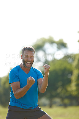 Buy stock photo Portrait, outdoor and man with fitness, cheering and victory with achievement, challenge and exercise. Face, person and athlete in park, training and health goals with happiness, joyful and energy