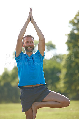 Buy stock photo Yoga, smile and mature man with fitness in park for meditation, holistic wellness and mindfulness. Outdoor, happy person and tree pose in nature for zen, spiritual healing and posture for balance