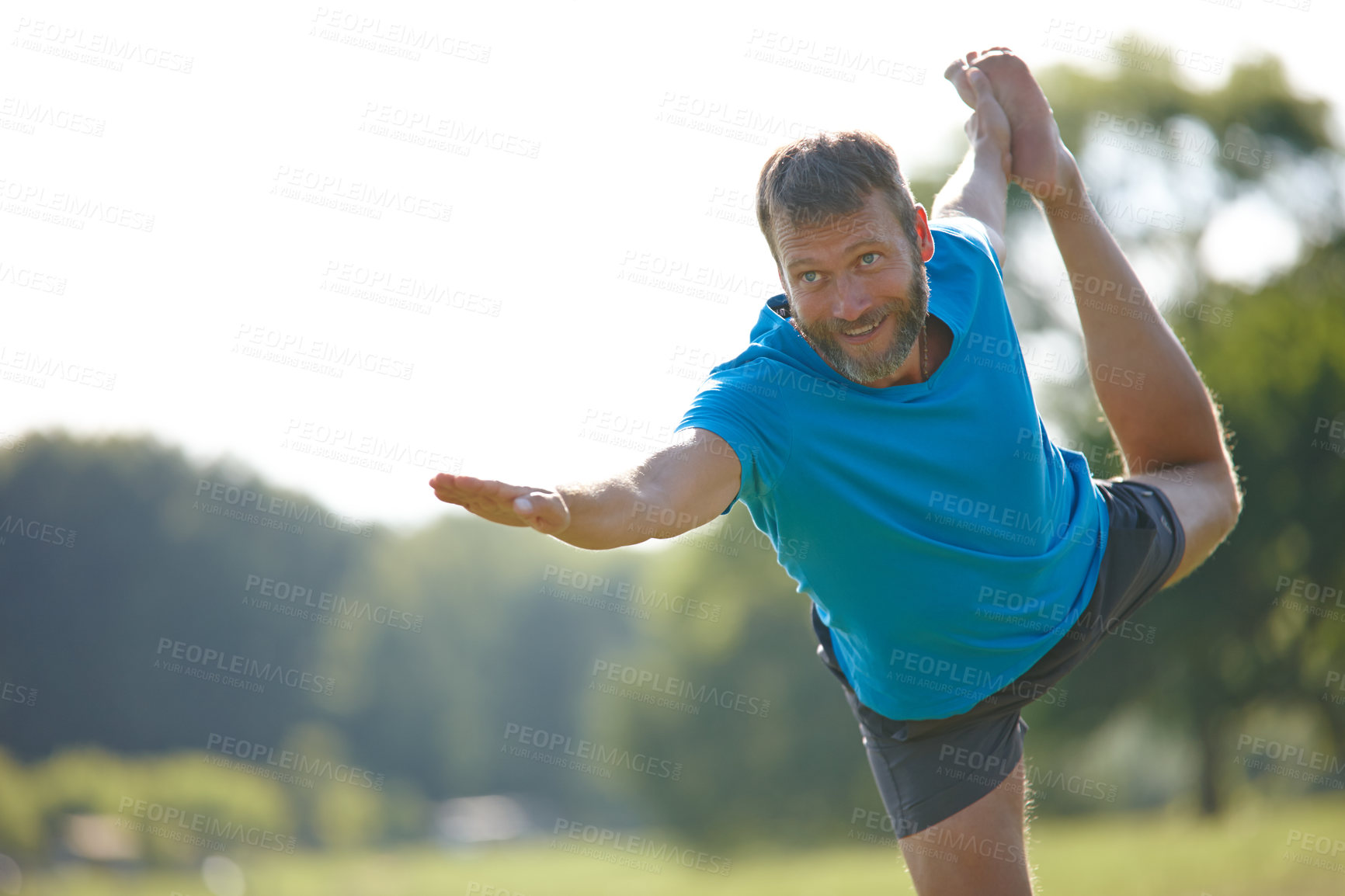Buy stock photo Happy man, healthy and yoga in nature for fitness, health and stretching in morning with positive mood.  Male person, balance and smile outdoor for exercise, workout or muscle training with challenge