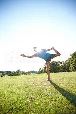 Buy stock photo Man, workout and exercise in nature for fitness, health and muscle warm up in morning on green grass. Male person, field and activity outdoor for flexible yoga, stretching or training with challenge 