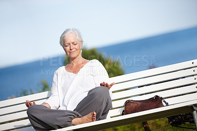 Buy stock photo Lotus, yoga and old woman on bench, meditation and calm with break, vacation and breathing. Pensioner, outdoor and senior lady with fitness, exercise and wellness with posture, balance and calming