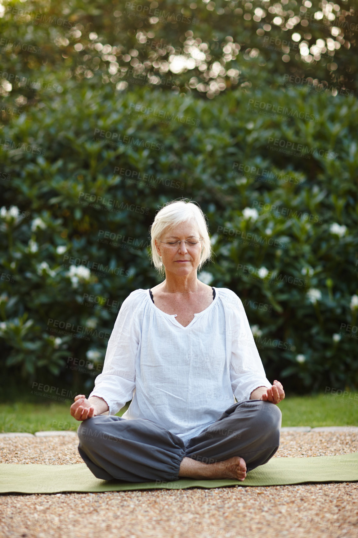 Buy stock photo Meditation, lotus pose and senior woman in nature for relax, calm and grounding exercise in morning. Health, peaceful and female person in padmasana for outdoor flexibility, balance and mindfulness.