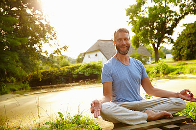 Buy stock photo Health, lotus meditation and man in nature for relax, calm and grounding exercise in morning. Wellness, peaceful and zen male person in padmasana for outdoor flexibility, balance and mindfulness.