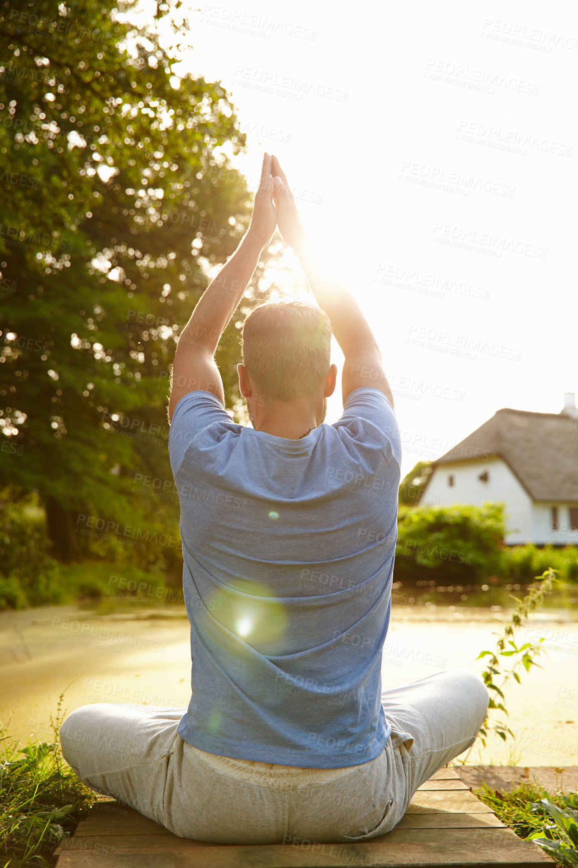 Buy stock photo Man, meditation and namaste for yoga, fitness and exercise with respect, gratitude and peace outdoor. Male person, lake and healthy mind with spiritual hands in nature for mindfulness, zen and chakra