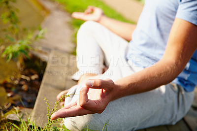 Buy stock photo Man, outdoor and hands for lotus yoga position, meditation and mindfulness for healing chakra. Male person, nature and holistic pose for spiritual awareness, morning fitness and peace in exercise