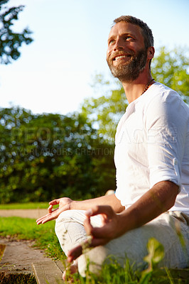 Buy stock photo Happy, lotus meditation and woman in nature for relax, calm and grounding exercise in morning. Health, peaceful and male person in padmasana for outdoor flexibility, balance and mindfulness.