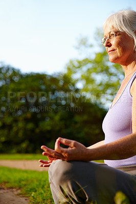 Buy stock photo Meditation, lotus position and senior woman in nature for relax, calm and zen outdoor in morning. Health, peaceful and female person in padmasana for peace with  balance and mindfulness in park