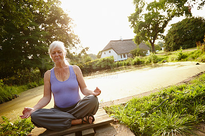 Buy stock photo Healthy, yoga and old woman in park, meditation and peace with wellness, nature and fitness. Workout, pensioner and mature person on grass field, exercise and morning routine with retirement or relax