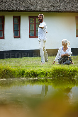 Buy stock photo Outdoor, instructor and teaching of woman, meditation and mindfulness of people, chakra and peace. Health club, teacher and man with client, fitness and zen in morning, spiritual and faith for yoga