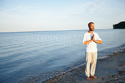 Buy stock photo Man, water and meditation for yoga by ocean with holistic care, spiritual wellness and zen mindfulness. Mature person, namaste and pilates peace, mindset healing and performance with fitness outdoor