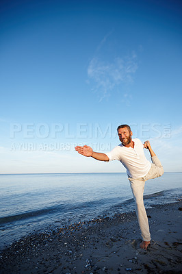 Buy stock photo Happy, man and stretching for yoga by ocean with flexible body, spiritual wellness and balance performance. Smile, mature person and warm up for chakra peace, mindfulness healing and fitness outdoor
