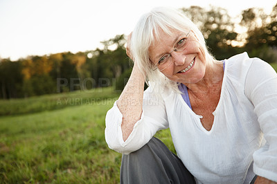 Buy stock photo Holiday, happy and portrait of senior woman with confidence for retirement, smile and outdoor exploring. Nature, mature person and relax in New York park for vacation, tourism and health or wellness