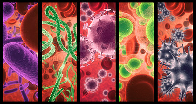 Buy stock photo Virus, infection and cell structure of disease closeup in series for medical investigation or research. Covid, bacteria and healthcare with a microscope view of living molecule samples for biology