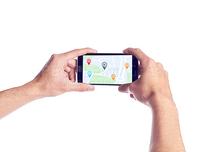 Buy stock photo City, person with hands closeup with smartphone and location of digital map on screen in white background. Technology for landmarks or spots, cellphone with tracking data and in studio backdrop