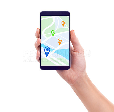 Buy stock photo Shot of a hand holding a smartphone showing gps data