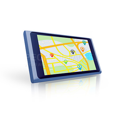 Buy stock photo Tablet, search or location to travel on global digital road maps or direction route on white background. Mockup space, screen or mobile app ux display of journey trip, navigation or virtual guide