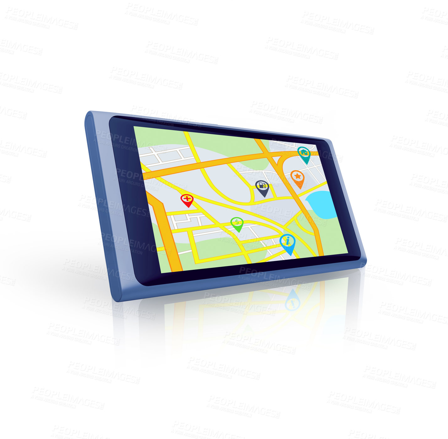 Buy stock photo Tablet, search or location to travel on global digital road maps or direction route on white background. Mockup space, screen or mobile app ux display of journey trip, navigation or virtual guide