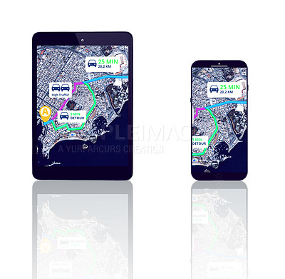 Buy stock photo Tablet, mobile app or street location to travel on city road maps or direction route or white background. Mockup, digital ux or phone screen of journey display, global navigation or virtual guide 