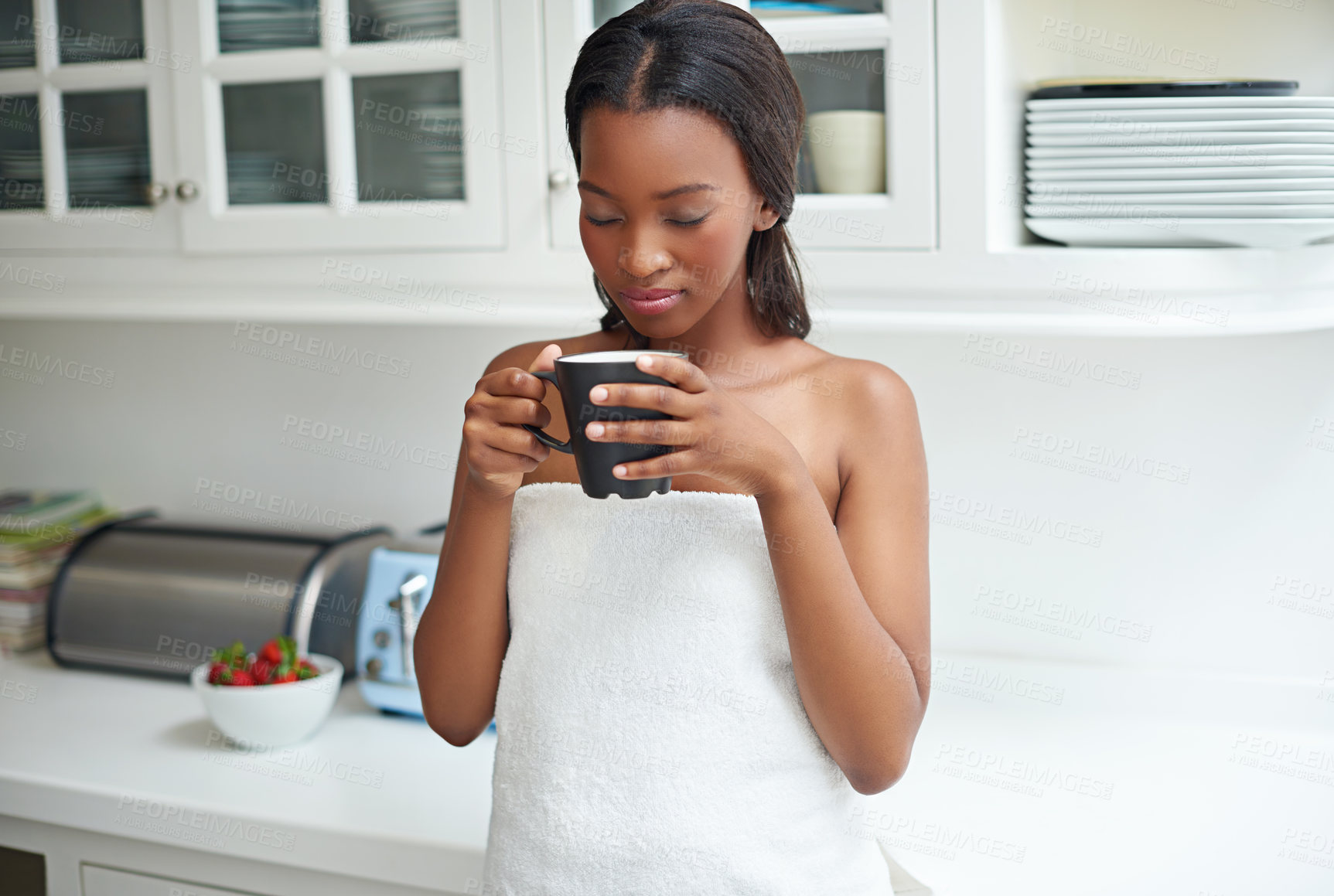 Buy stock photo Coffee, aroma and black woman in hotel with towel, hospitality and relax in kitchen. Smile, African person and vacation at holiday home with positive attitude, warm beverage and enjoyment for travel