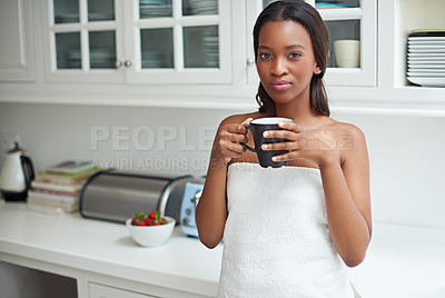 Buy stock photo Tea, portrait and black woman in hotel with towel, hospitality and relax in kitchen. Smile, African person and vacation at holiday home with positive attitude, warm beverage and luxury accommodation