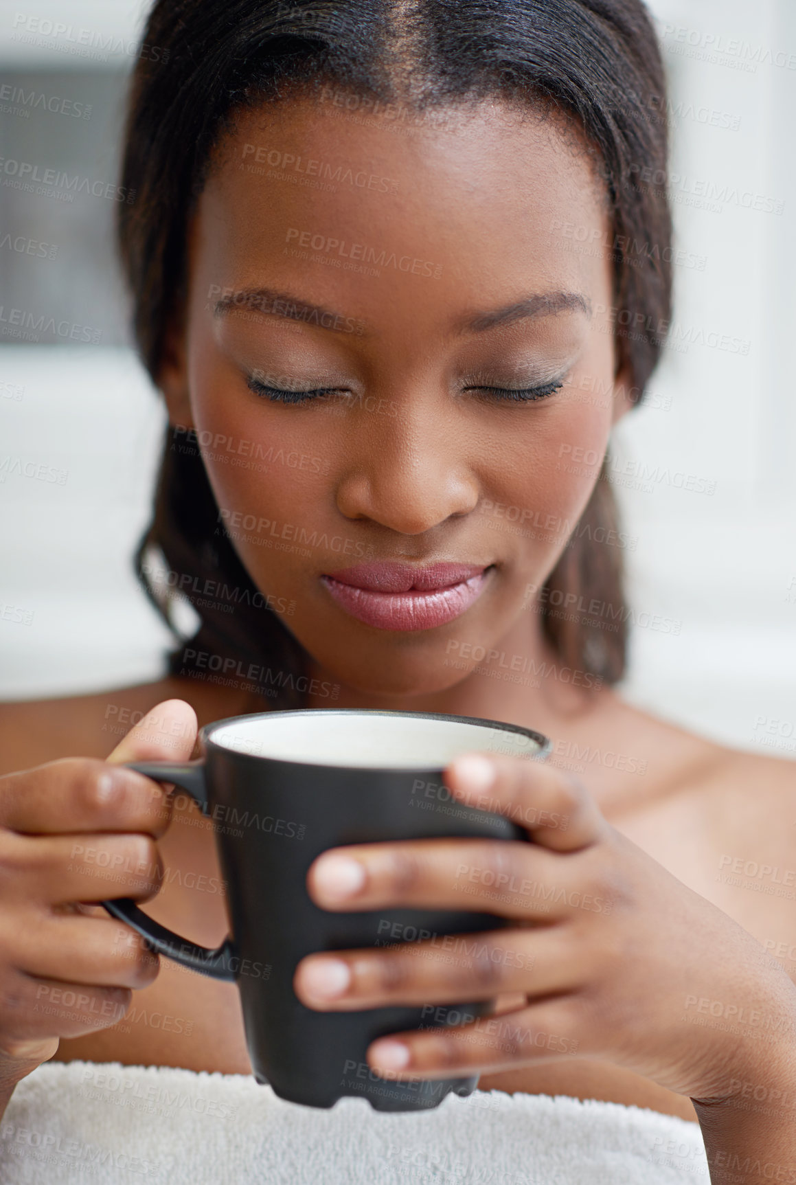 Buy stock photo Black woman, coffee aroma and relax in home for peace, calm or thinking of espresso while holding cup. Eyes closed, morning and smell warm tea drink, fresh scent and dream of latte to enjoy beverage