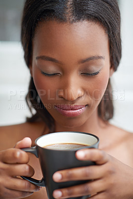 Buy stock photo Black woman, coffee aroma and relax with drink in home for peace, calm or thinking of espresso for energy. Eyes closed, morning and smell beverage, fresh scent and dream to enjoy healthy latte in cup