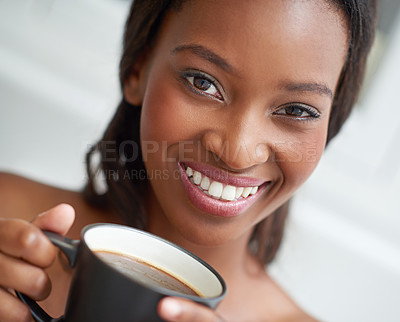 Buy stock photo Black woman, happy and coffee in apartment for relax, morning routine and positive mood with warm drink. Female person, portrait and beverage in home as latte or tea for chilling, comfort and weekend