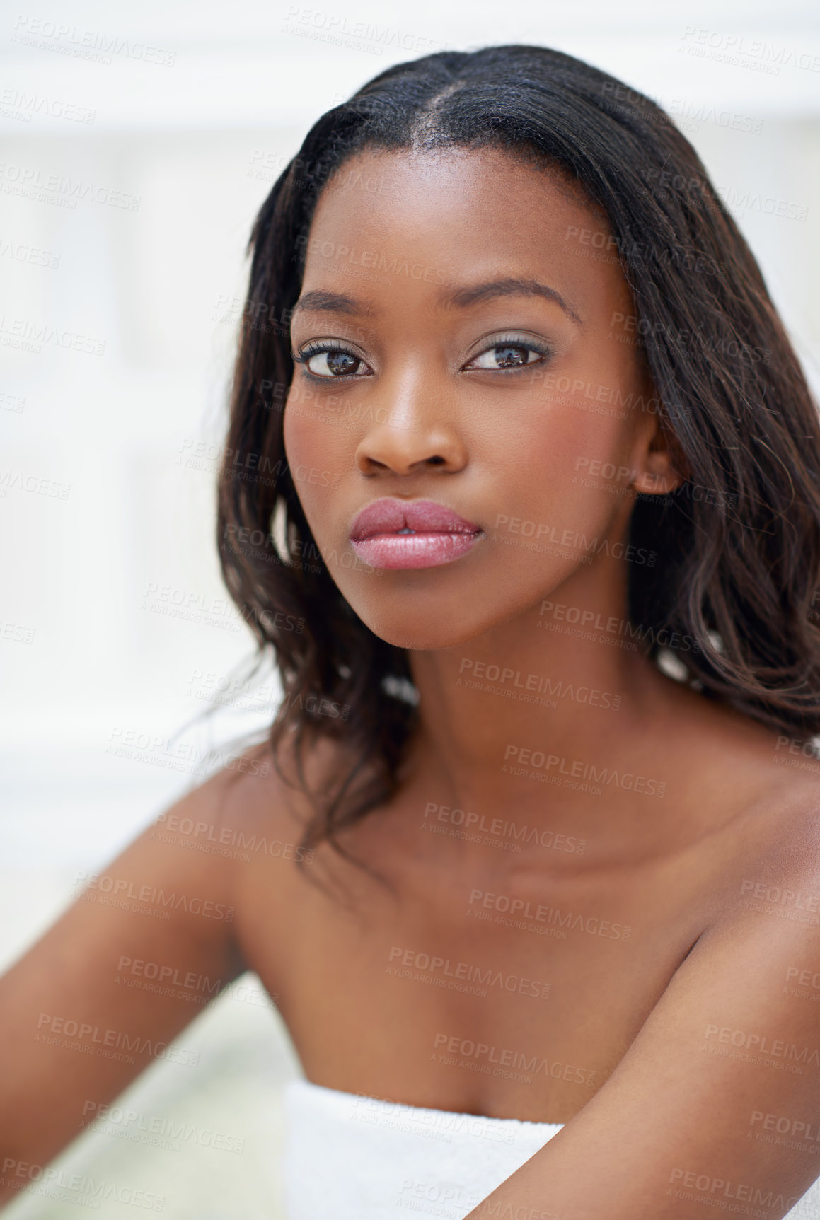 Buy stock photo Beauty, black woman and portrait in home for skincare, personal facial treatment and grooming routine. Girl, bathroom and skin tone of organic cosmetics, natural makeup and glow of self care in house