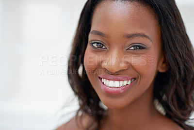 Buy stock photo Smile, black woman and portrait in bathroom for skincare, personal facial treatment and grooming routine. Girl, home and skin tone of organic cosmetics, natural beauty and glow of self care in house.