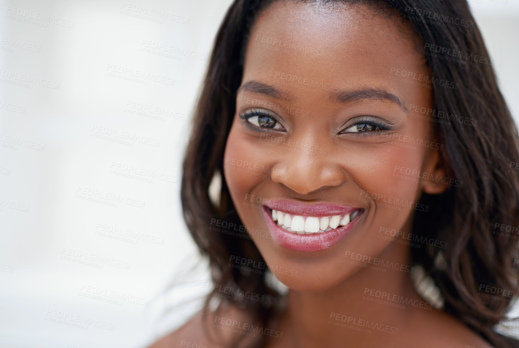 Buy stock photo Smile, black woman and portrait in bathroom for skincare, personal facial treatment and grooming routine. Girl, home and skin tone of organic cosmetics, natural beauty and glow of self care in house.