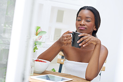 Buy stock photo Black woman, aroma and coffee in house for relax, morning routine and positive mood with warm drink. Female person, bliss and hot beverage in home with smelling for chilling, thinking and thoughtful