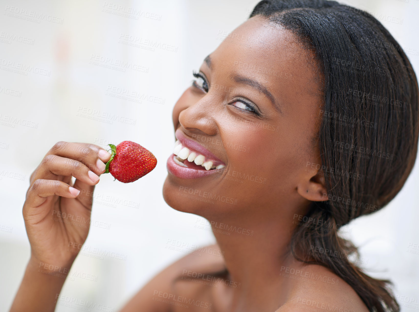 Buy stock photo Black woman, portrait and fresh strawberry in home for diet, nutrition and organic fruit for wellness. Female person, relax and morning breakfast in kitchen, vegan and paleo food for weight loss