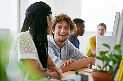 Buy stock photo Happy man, chat or people in office on break talking, chatting or speaking of gossip news together. Bonding, smile or relaxed employees in conversation or discussion about on blog or article at desk