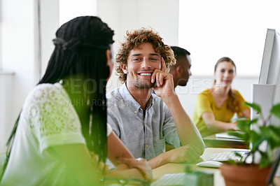 Buy stock photo Smile, happy man or business people on break talking, chatting or speaking of gossip news together. Bonding, laughing or relaxed employees in conversation or discussion about a blog article at desk