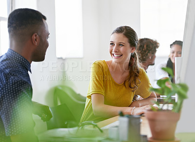 Buy stock photo Funny, break or happy woman in office talking or speaking of a crazy story, gossip or news with black man. Joke, chat or employees laughing in conversation or discussion about comedy blog together