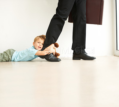 Buy stock photo Man, home or child to stop to work, autism or fear with anxiety, support or care. Businessman, kid or mental health on floor with father late, professional career or headache in depression or stress