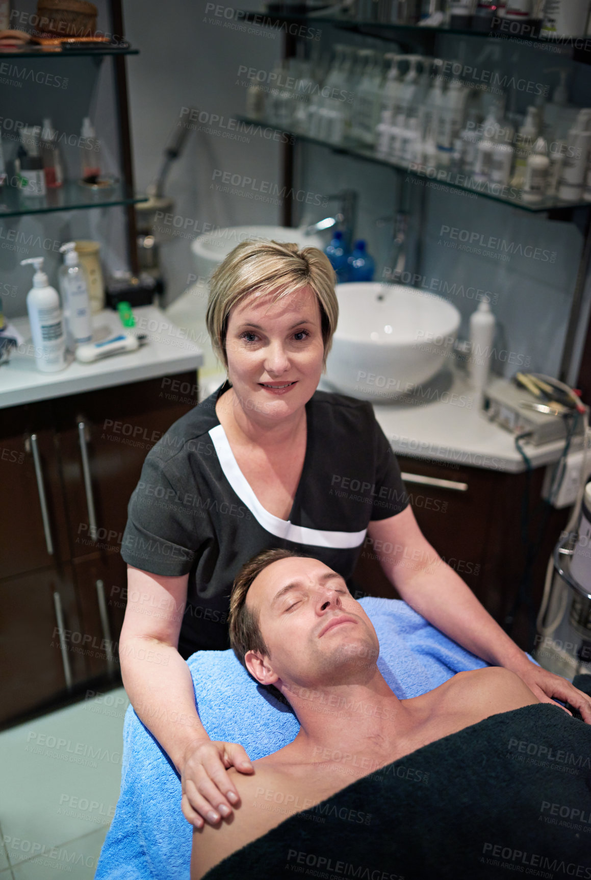Buy stock photo Portrait of a clinician about to give a customer a facial treatment