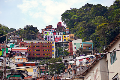 Buy stock photo Shot of slums on a mountainside in Rio de Janeiro, Brazil