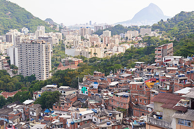 Buy stock photo Shot of slums on a mountainside in Rio de Janeiro, Brazil