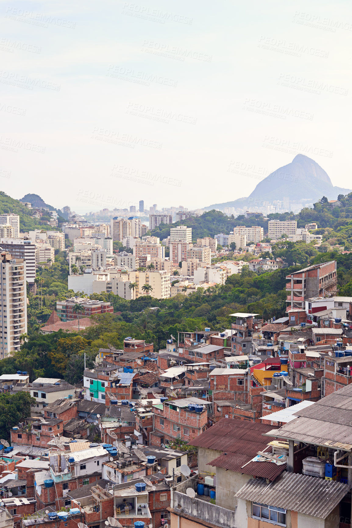 Buy stock photo Drone, city and urban or informal housing, architecture and infrastructure for property development. Town, location and outdoor for tourism travel in aerial view, neighborhood and favelas in Brazil