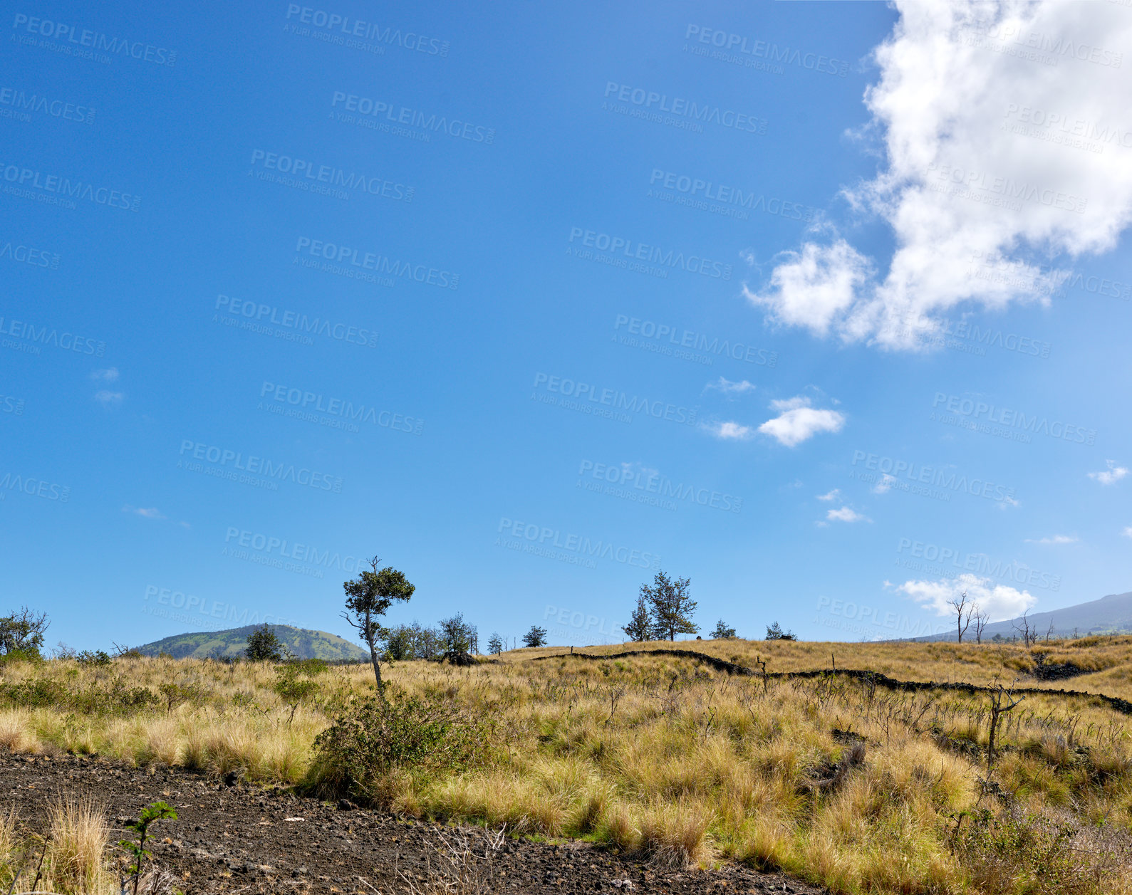 Buy stock photo A vast expanse of nature and blue sky near a summit of volcanic land, copy space. The landscape of rough terrain on the Island of Hawaii. Scenic view of Mauna Kea, a dormant volcano in a remote area