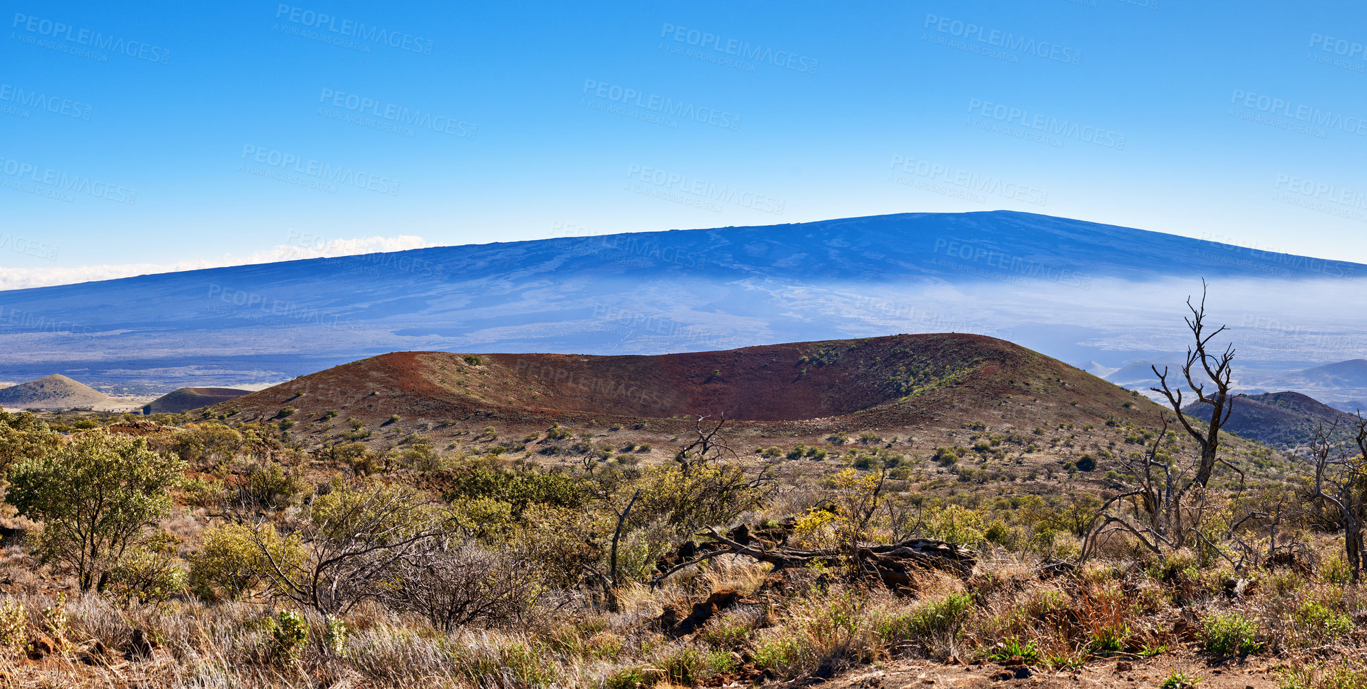 Buy stock photo Landscape of dry land and blue sky with copy space. A dormant volcano in an open uncultivated location. Nature scenery of bushy vegetation on mountain summit of a volcanic land in Big Island, Hawaii