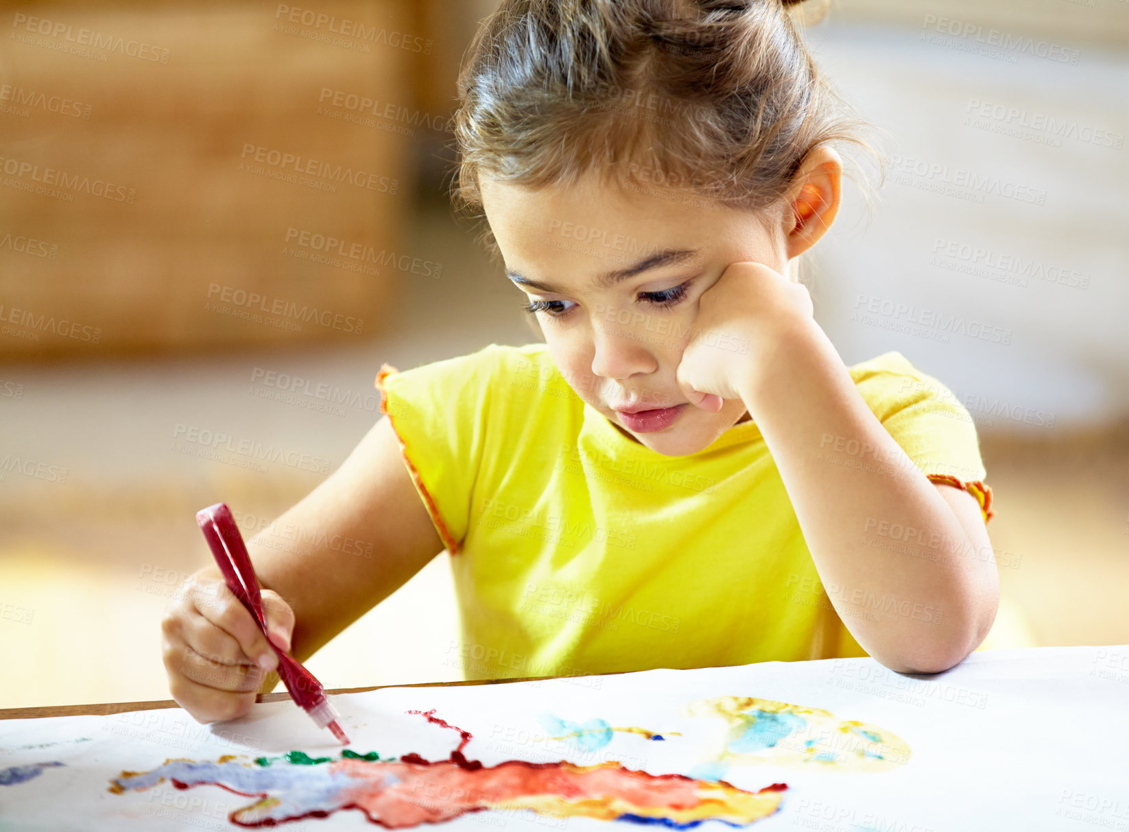 Buy stock photo Painting, creative and girl kid with homework, assignment or project for school at home. Colorful, artist and young student creating art on paper for hobby, child development or activity at house.