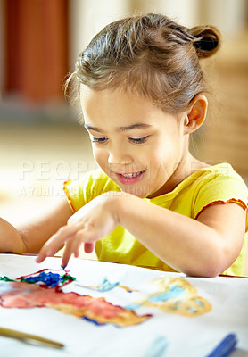 Buy stock photo Finger painting, art and girl kid with homework, assignment or project for school at home. Colorful, creative and young student creating art on paper for hobby, child development or activity at house