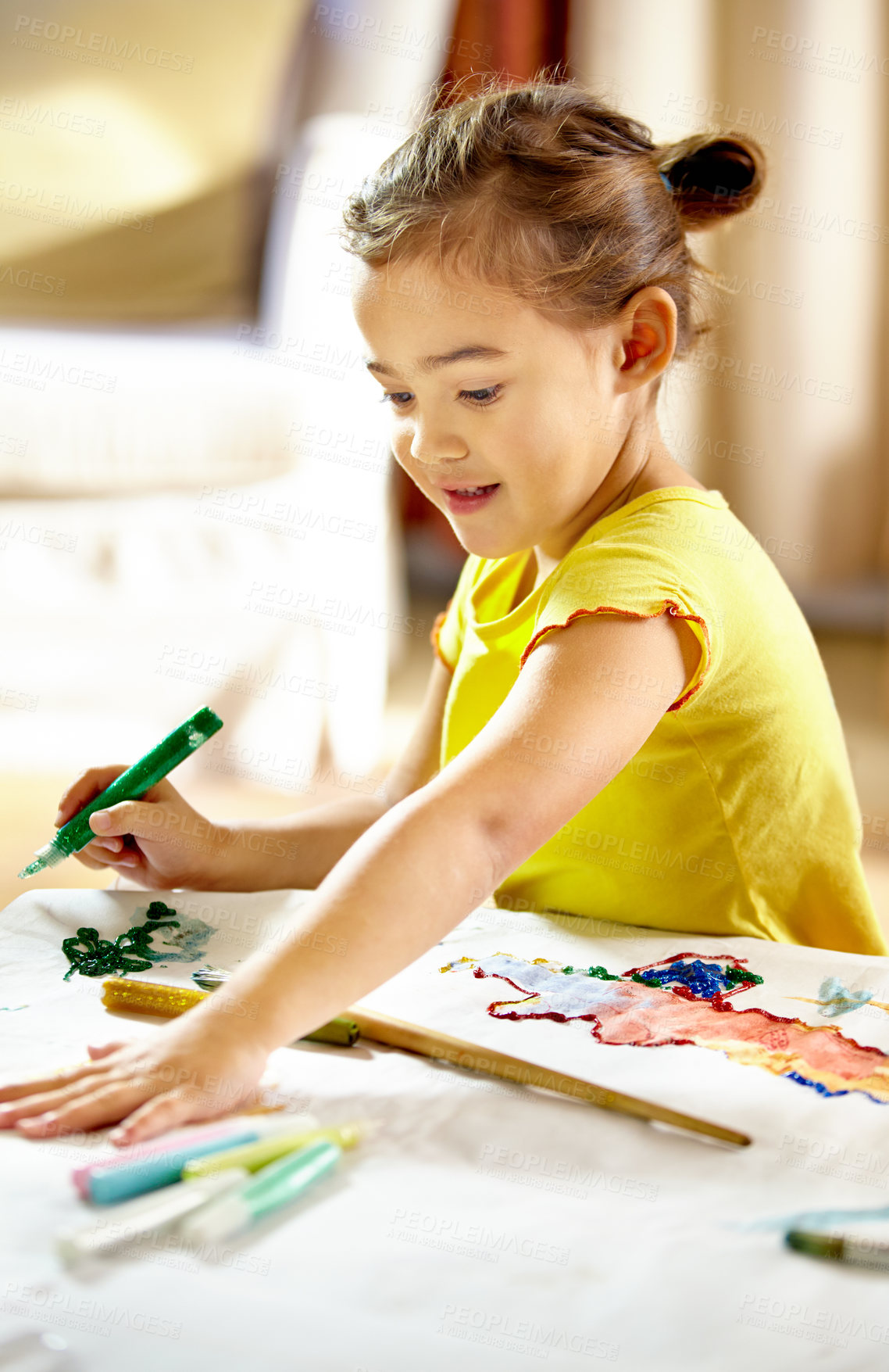Buy stock photo Painting, art and girl kid with homework, assignment or project for school at home. Colorful, creative and young student creating art on paper for hobby, child development or activity at house.