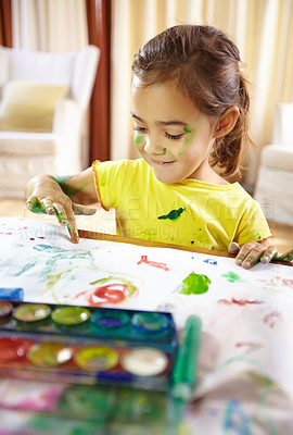 Buy stock photo Finger painting, smile and girl kid with homework, assignment or project for school at home. Colorful, creative and young student create art on paper for hobby, child development or activity at house