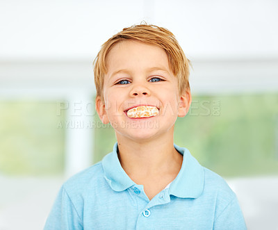 Buy stock photo Child, portrait or orange fruit in mouth health wellness snack, happy vitality or raw food youth development. Boy, face or fresh diet smile or organic citrus nutrition, fibre breakfast or minerals
