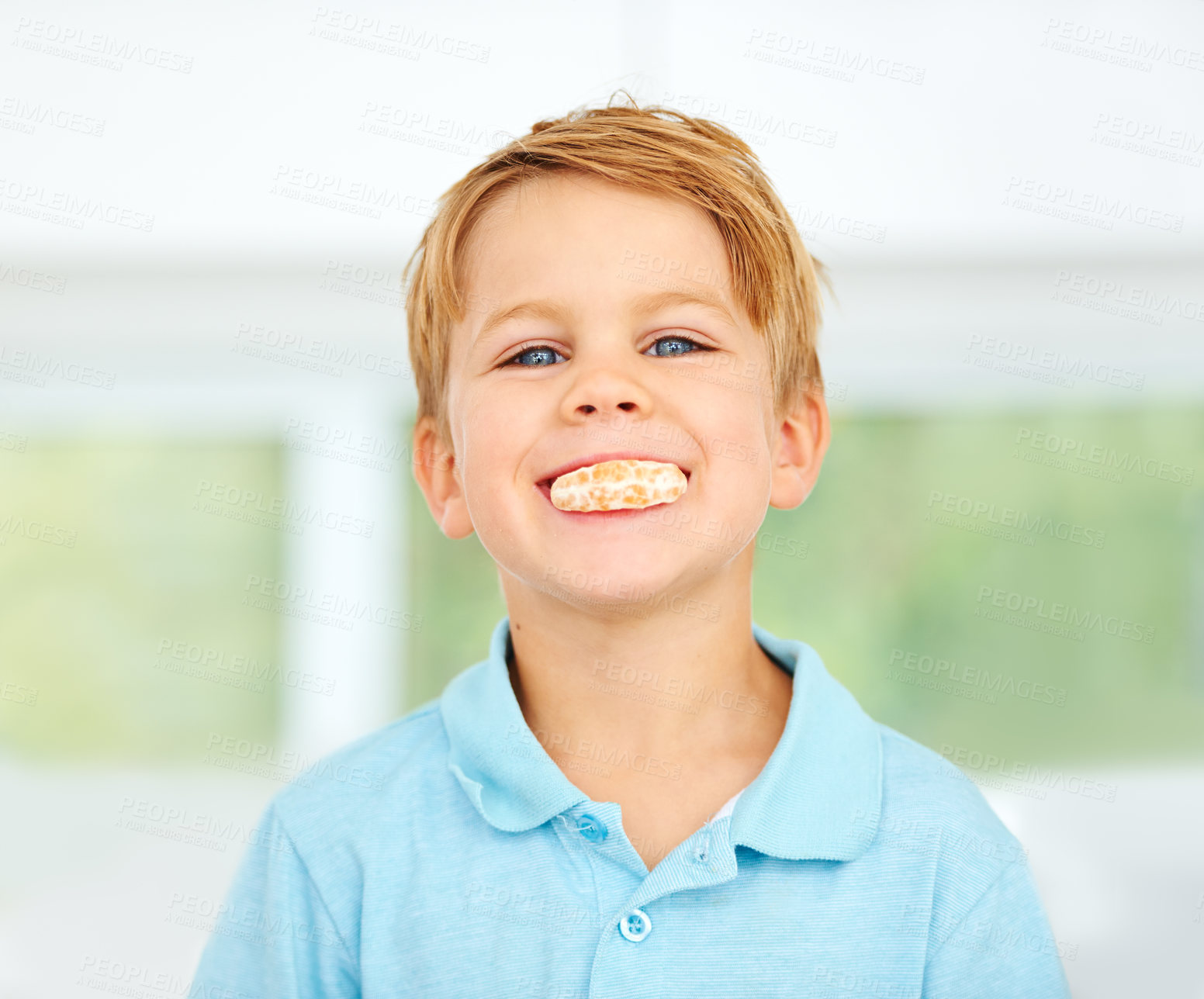 Buy stock photo Child, portrait or orange fruit in mouth health wellness snack, happy vitality or raw food youth development. Boy, face or fresh diet smile or organic citrus nutrition, fibre breakfast or minerals