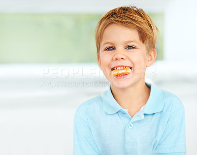 Buy stock photo Child, portrait or orange fruit smile or health wellness snack, vitamin c or raw food youth development. Boy, face or mouth fresh diet or organic citrus nutrition, fibre breakfast or morning minerals