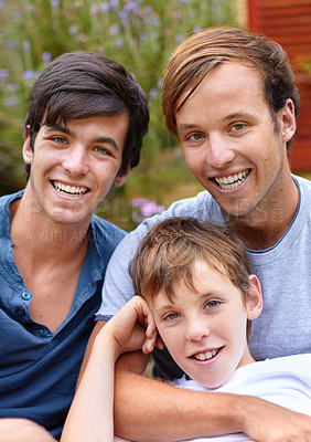 Buy stock photo Portrait, men or brothers in backyard with smile, hug and bonding in garden of home or house outdoor. Family, people or child together with happiness and embrace for relax, peace or relationship